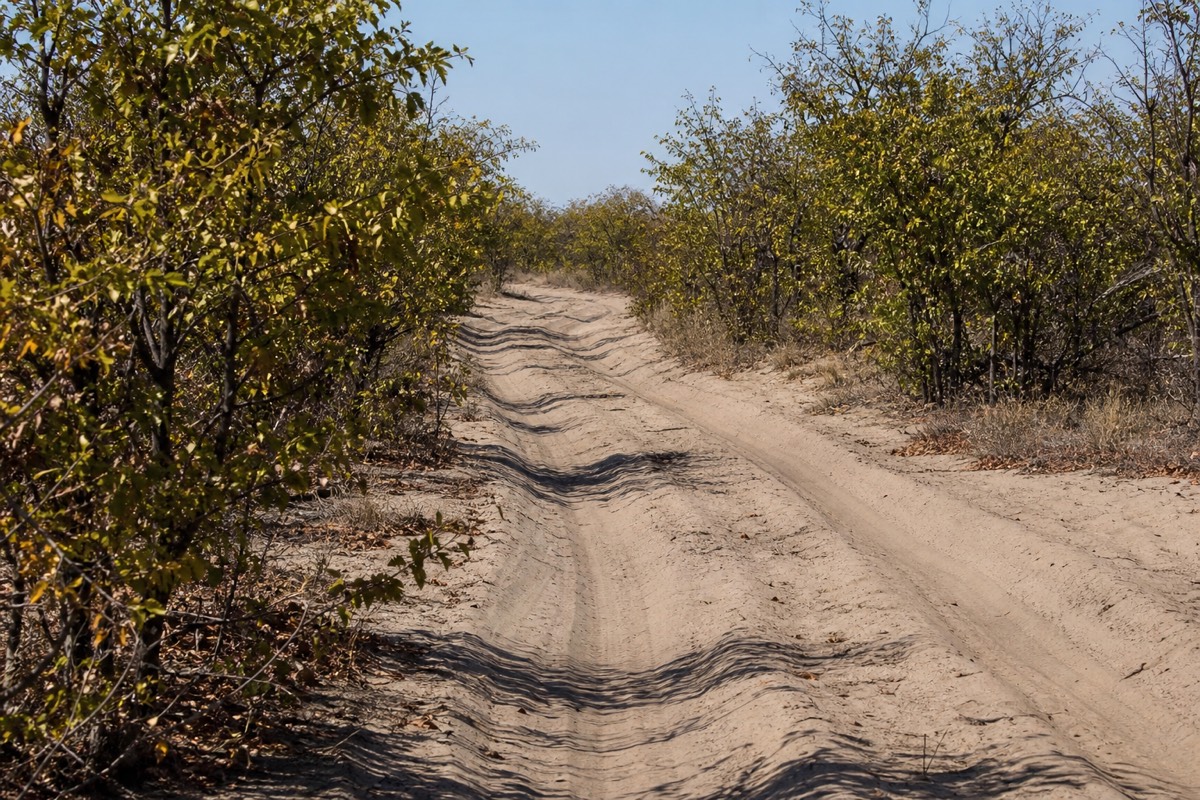 A 4x4 on a deep sand track through dry bush under a wide Botswana sky