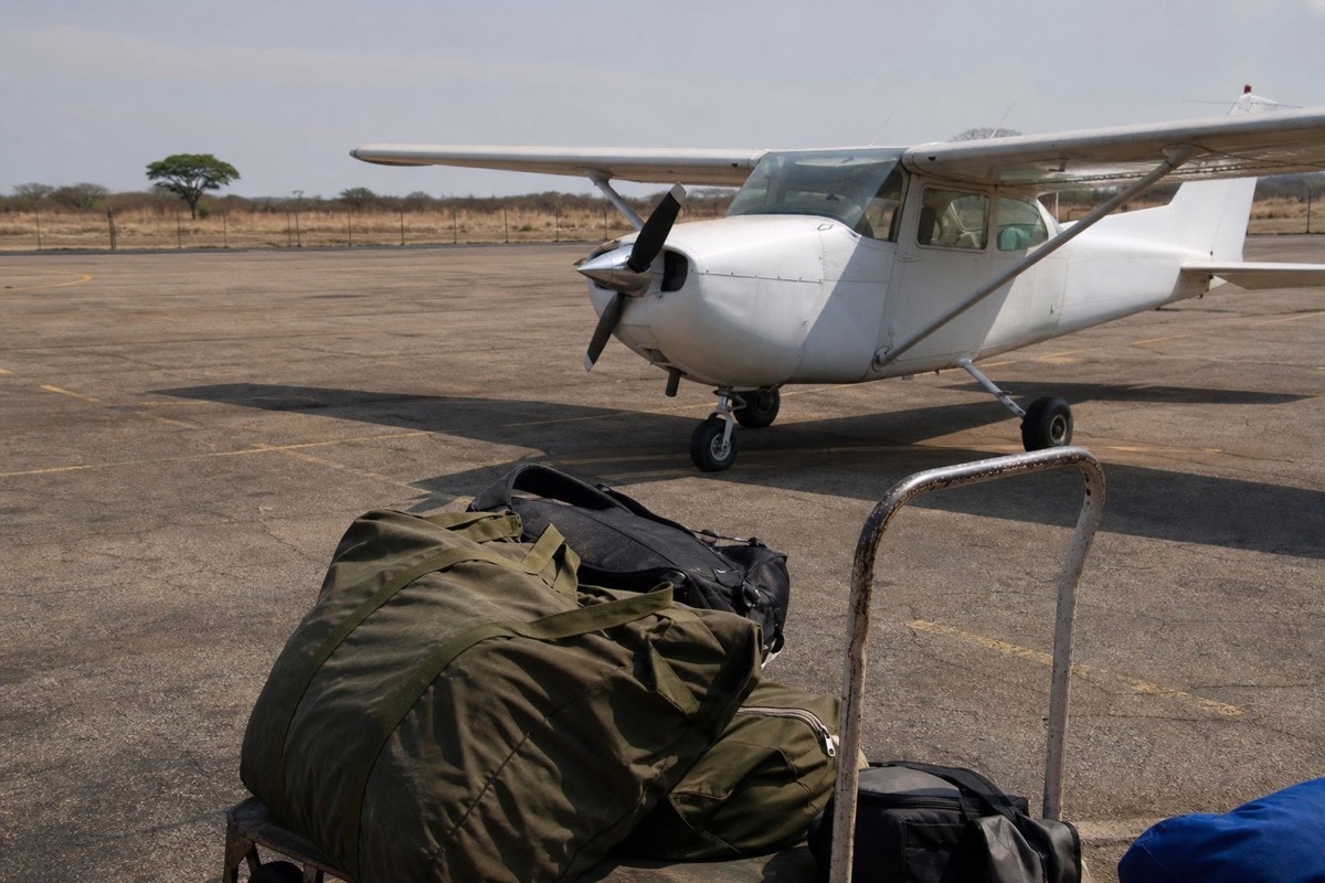 A light aircraft on the short hop between Maun and a delta airstrip