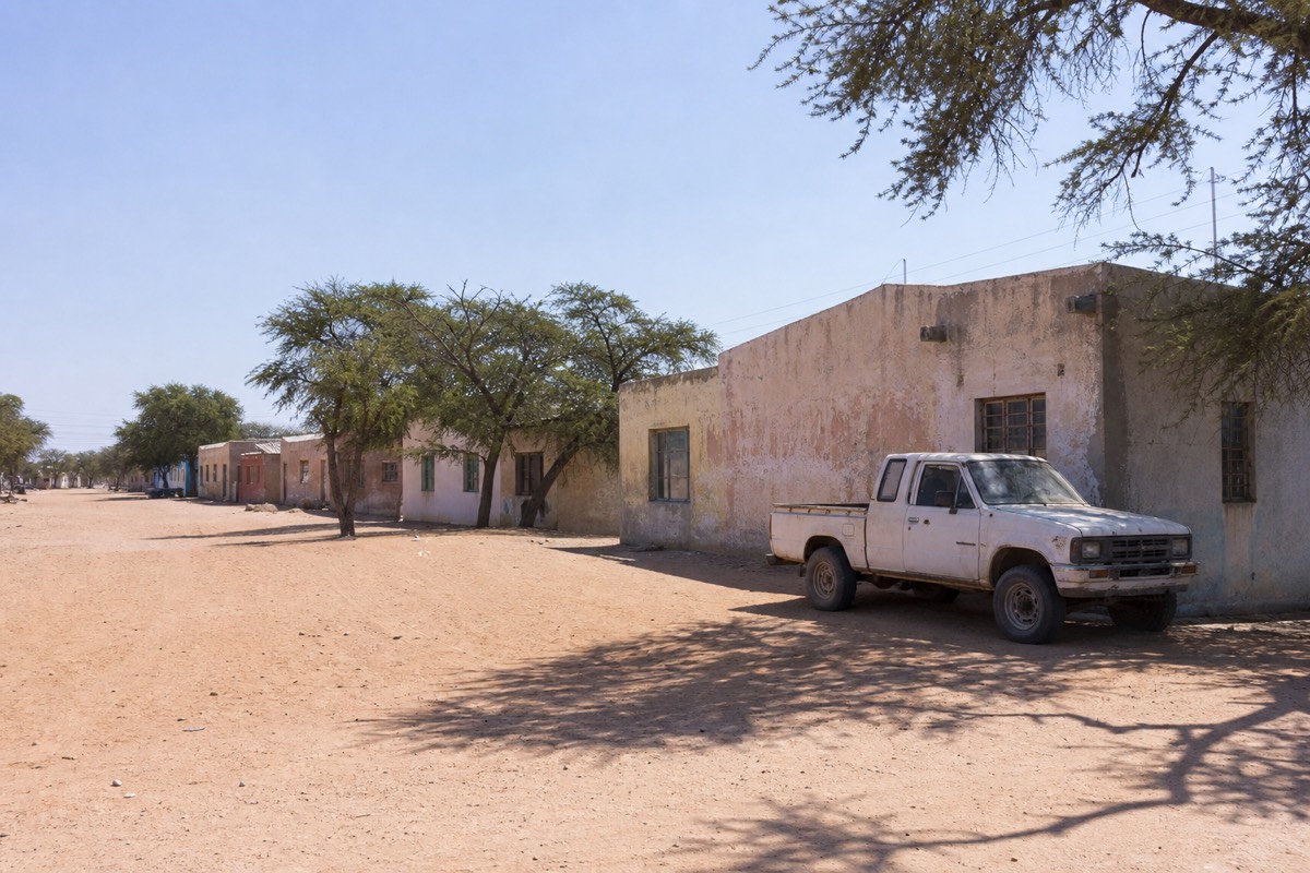 Dusty main street in Maun, Botswana, with safari vehicles parked outside low buildings