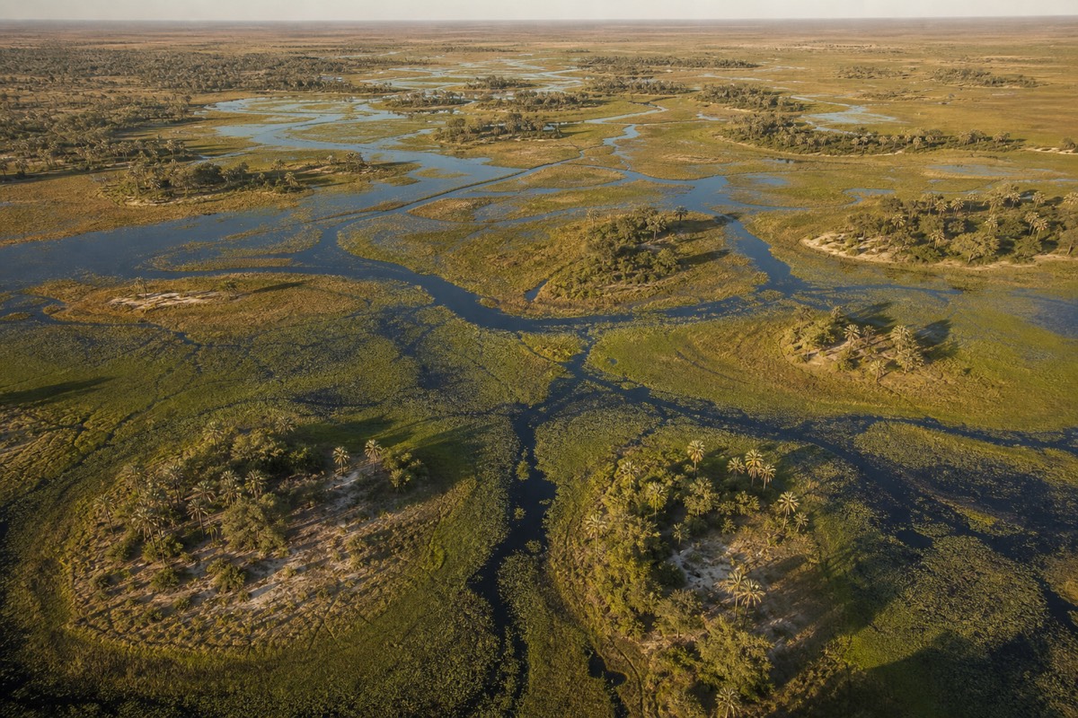 Aerial view of the Okavango Delta's braided channels, papyrus islands and flooded plains in northern Botswana