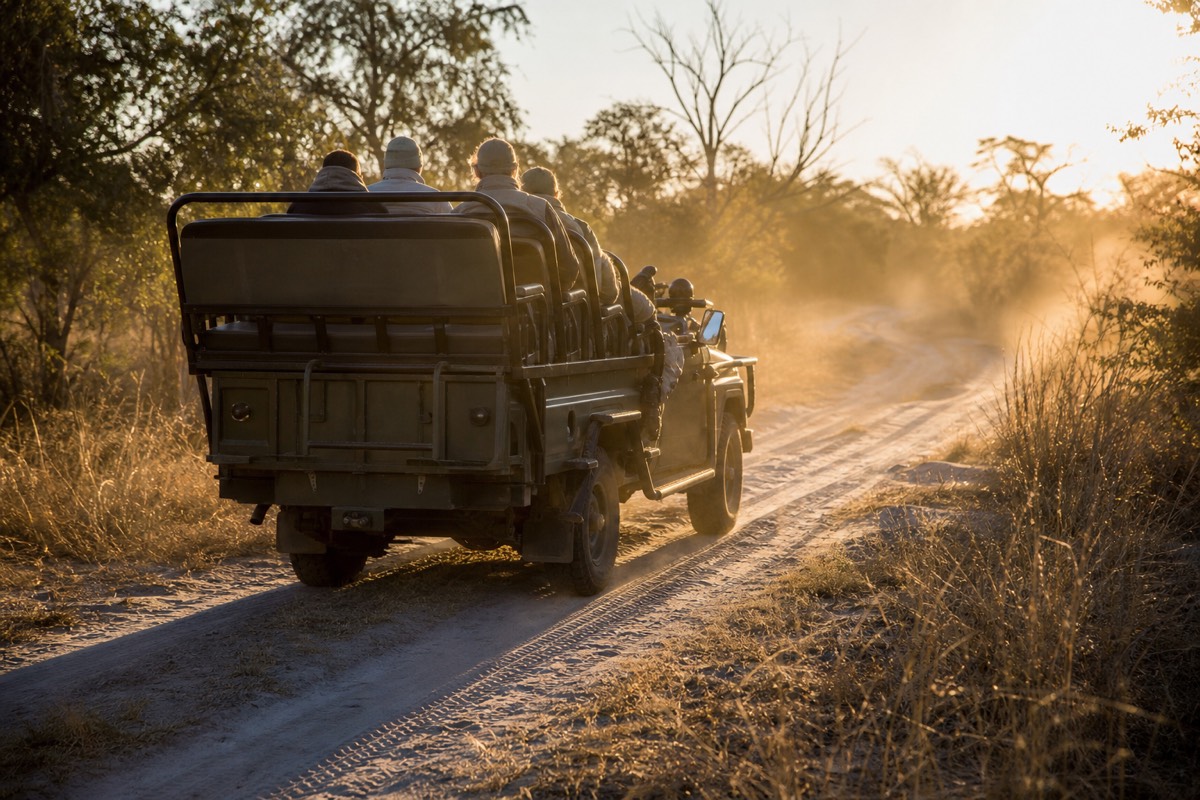 Open safari 4x4 crossing a shallow flooded channel in the Okavango Delta at first light