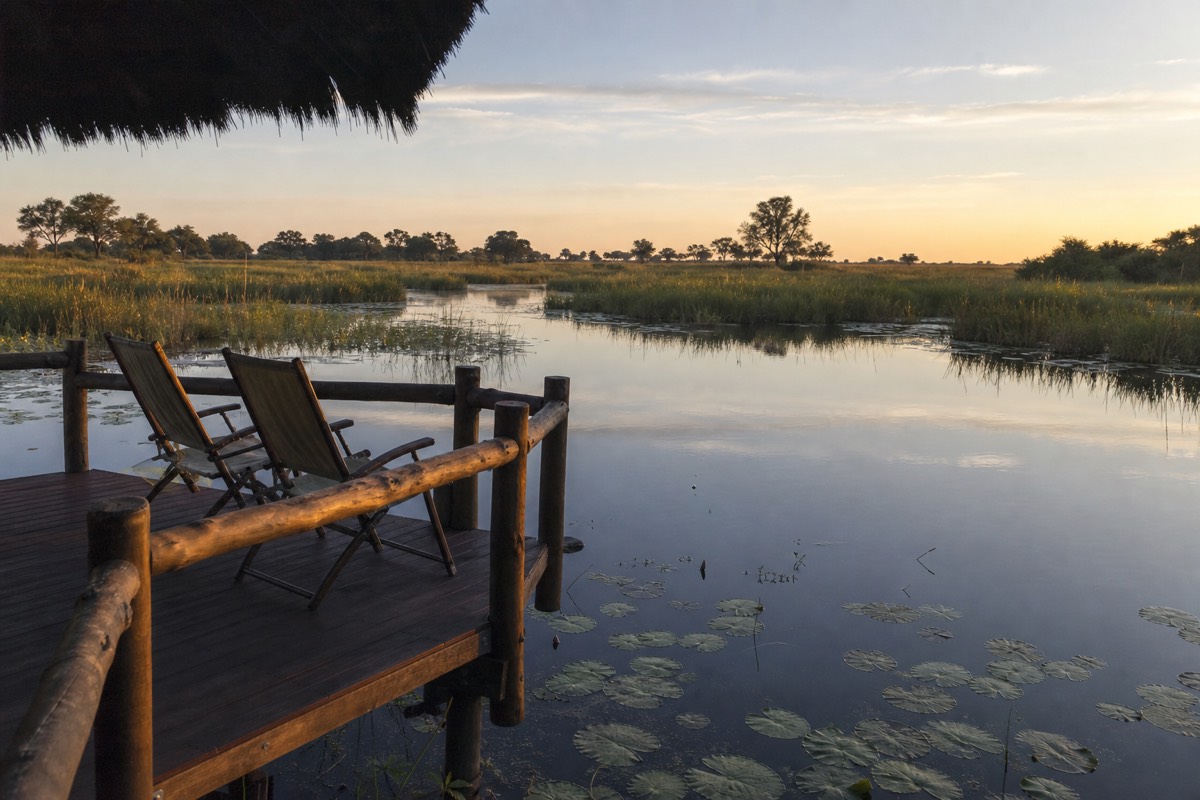 A lodge deck looking out over a permanent delta channel
