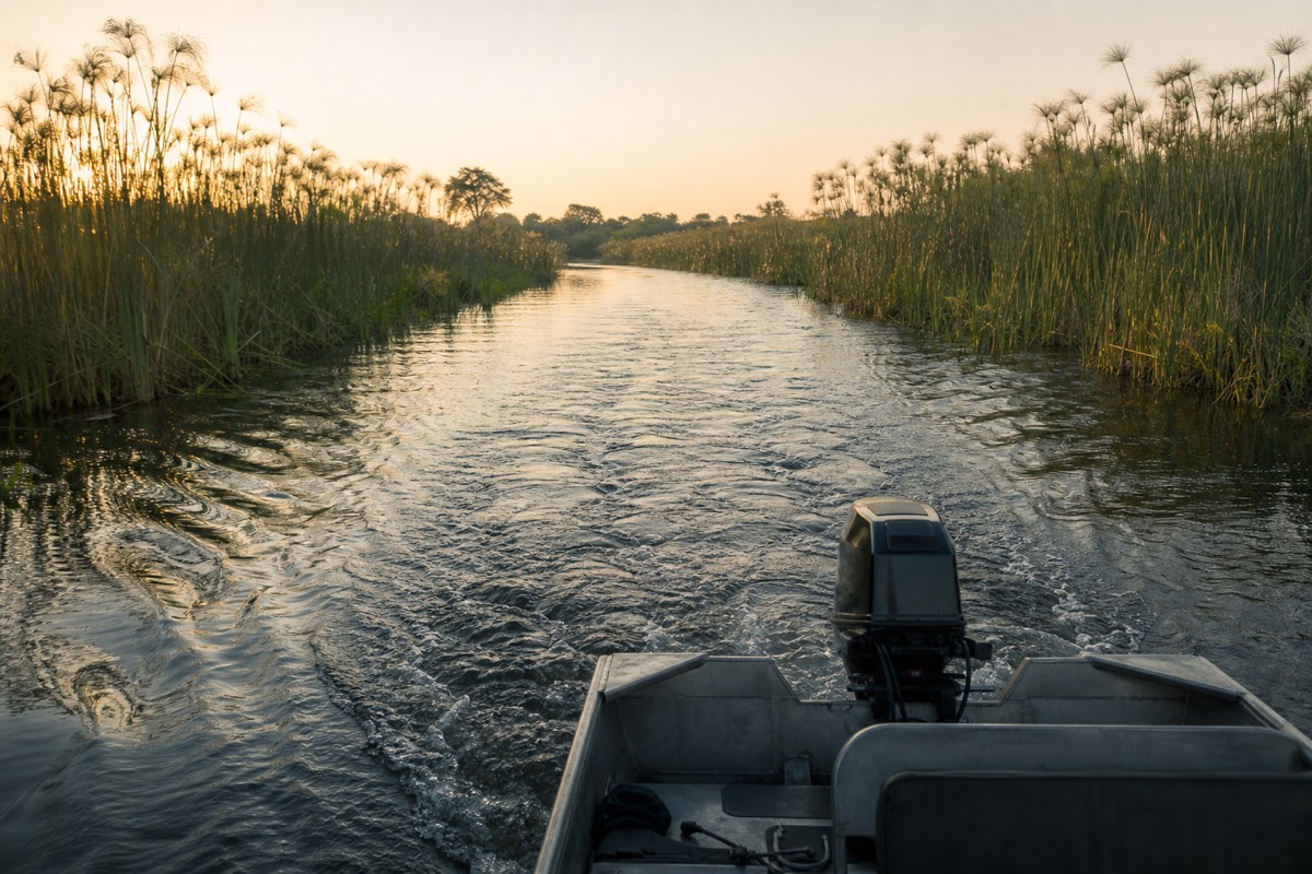 A poler steering a mokoro along a papyrus channel in the Okavango Delta