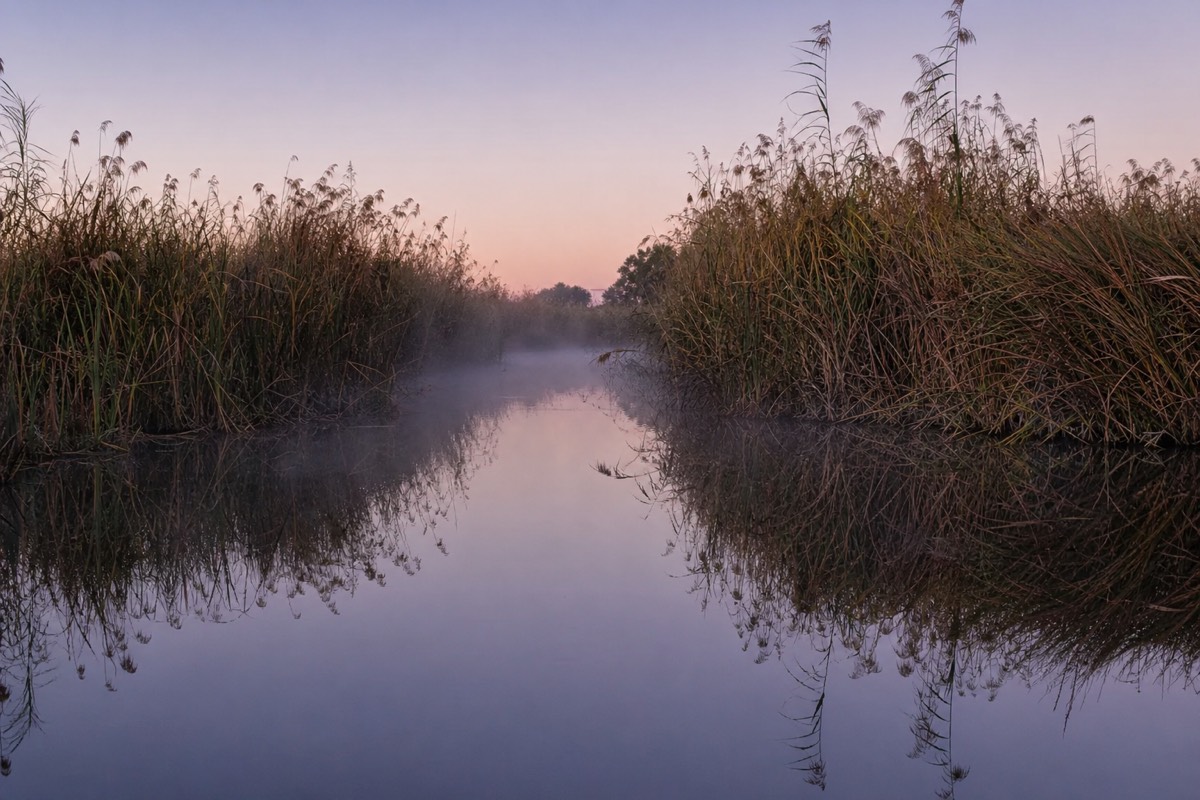 A poler steering a mokoro along a papyrus channel in the Okavango Delta