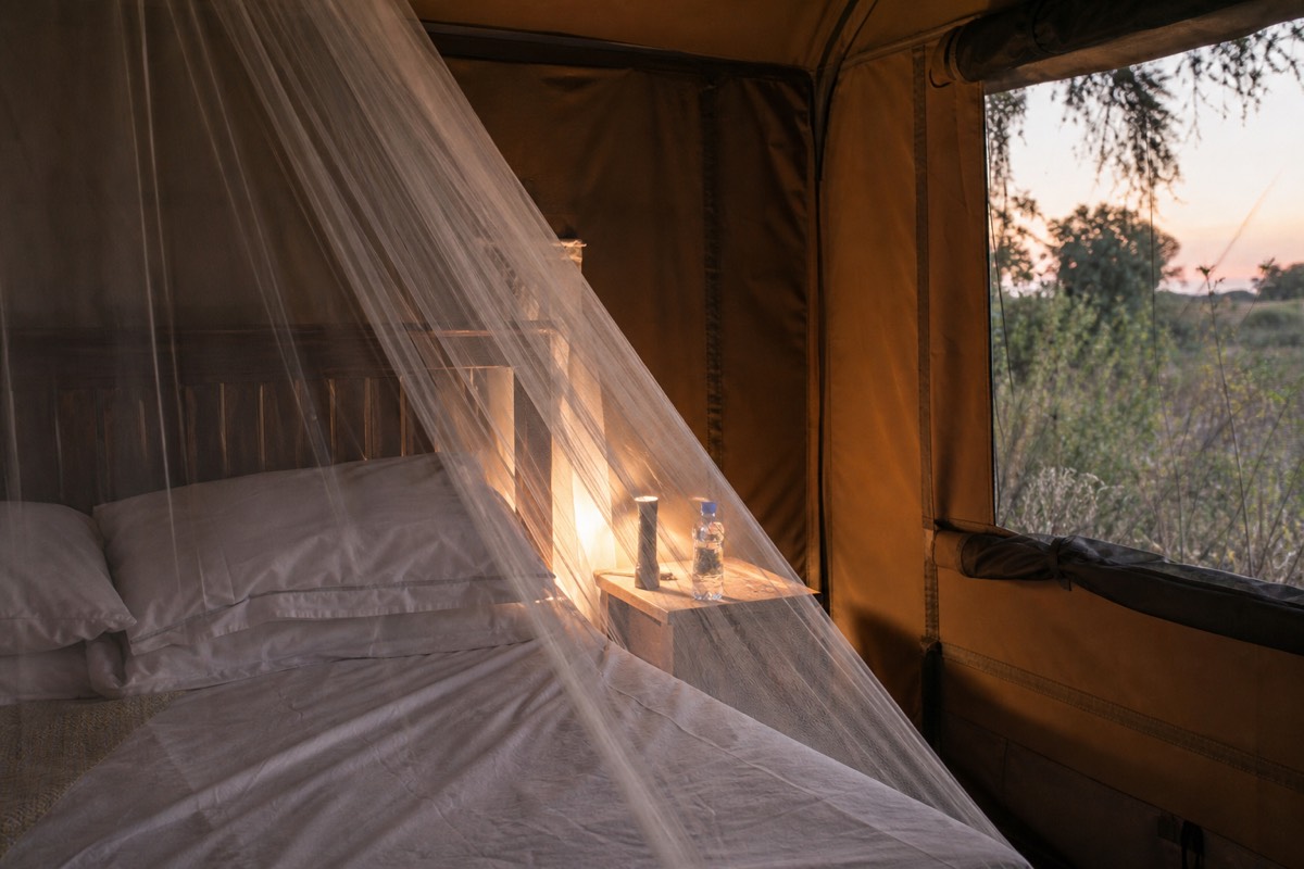 A mosquito net over a bed in a delta tented camp
