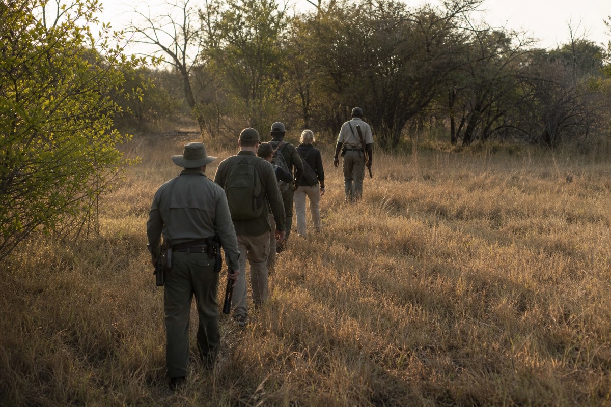 A guided walking safari on a delta island with a tracker