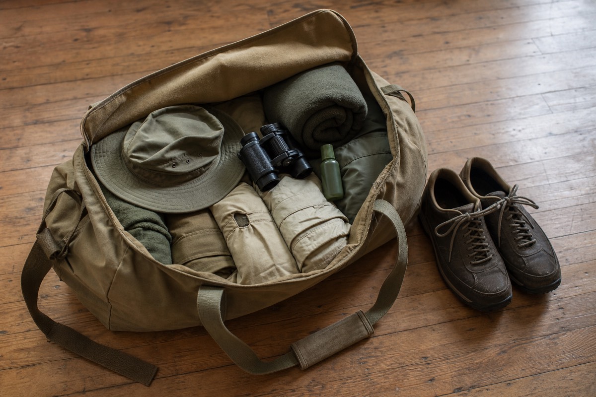 A soft canvas duffel bag packed with neutral safari clothing, hat and binoculars